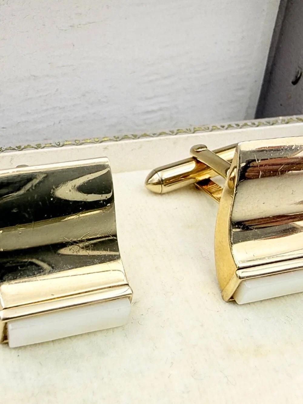Swank Signed MCM Gold Plated Sculptural Wave Glass Cufflinks